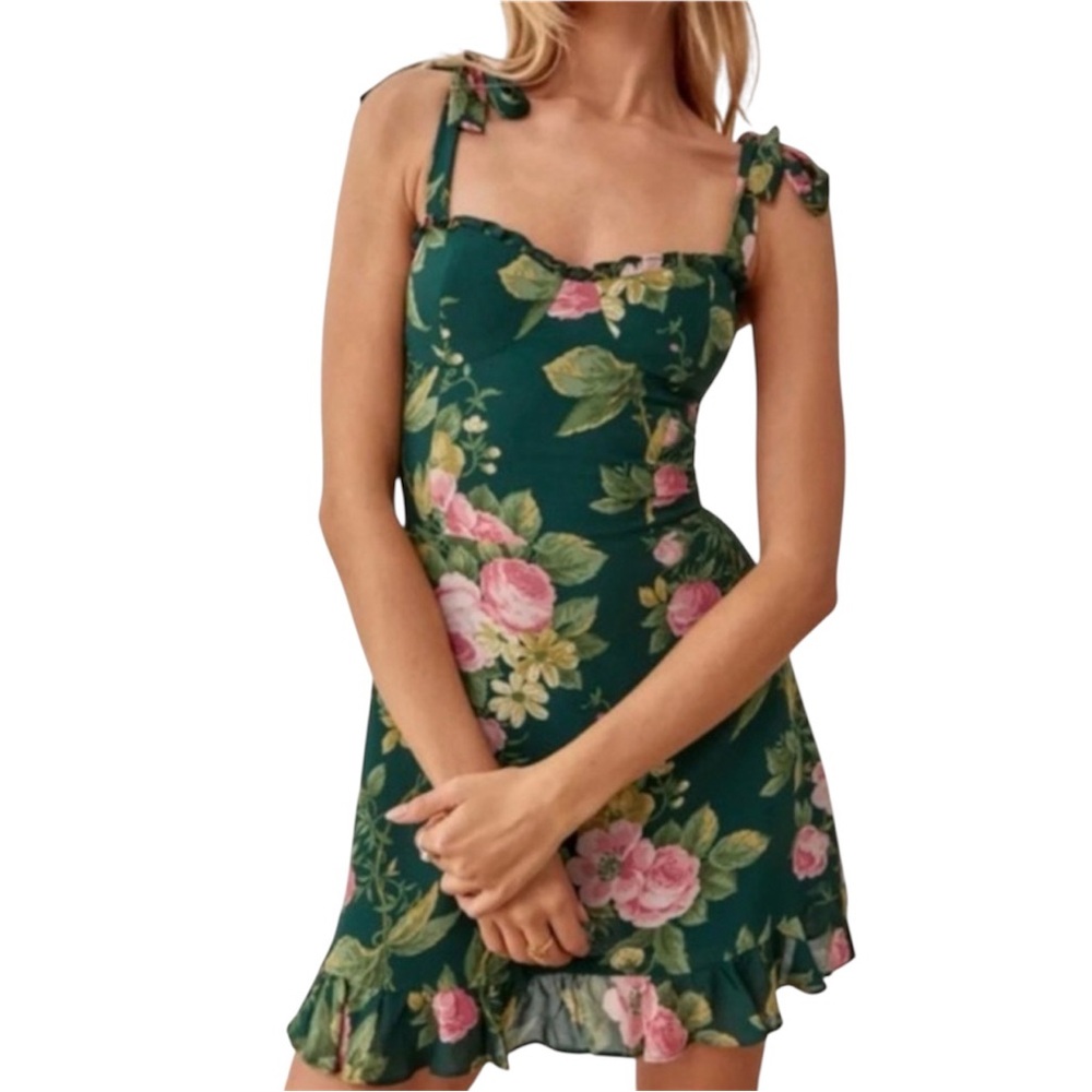 Reformation Women’s Christine Mini Dress in Green Belvedere Floral Print- Size 8